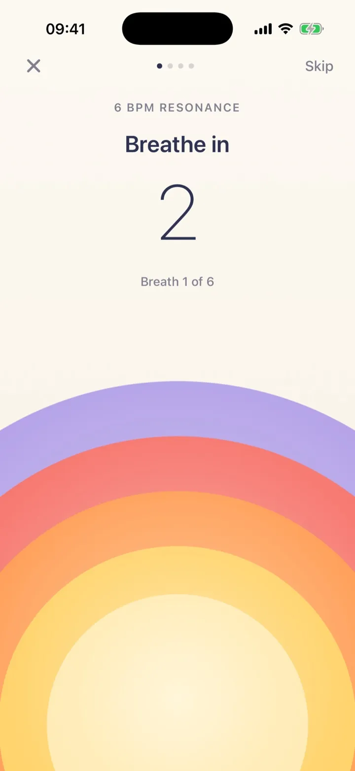Guided breathing exercise in the Composure app - "Breathe in", breath 1 of 6 at resonance pace