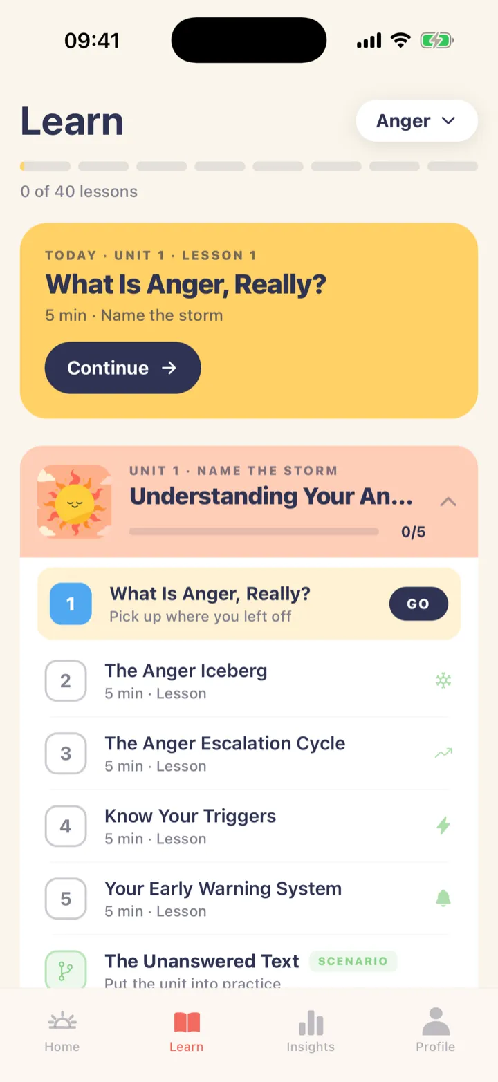 Composure Learn tab showing the 8-week program with Unit 1 lessons like "What Is Anger, Really?"