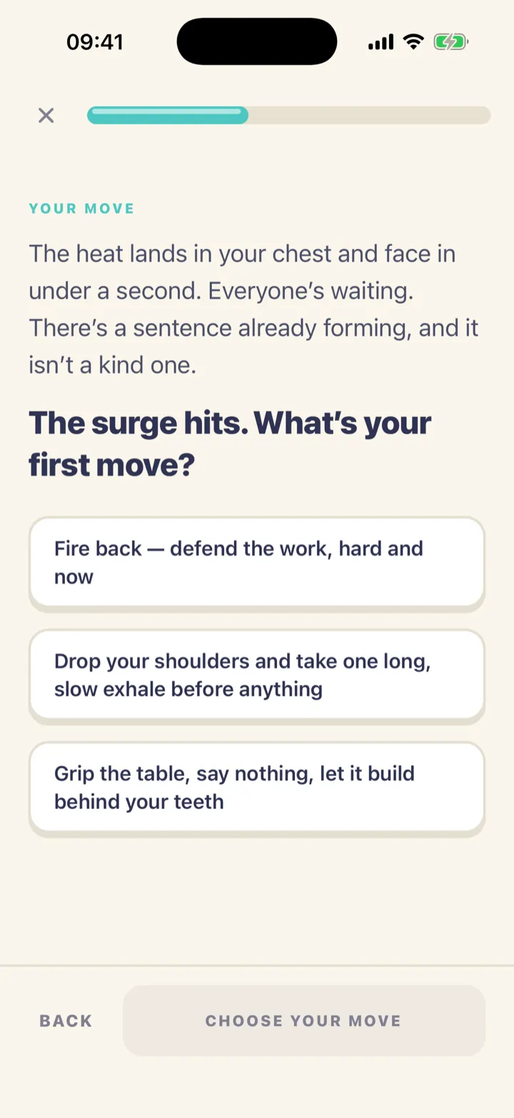 Composure scenario practice screen asking "The surge hits. What's your first move?" with three choices