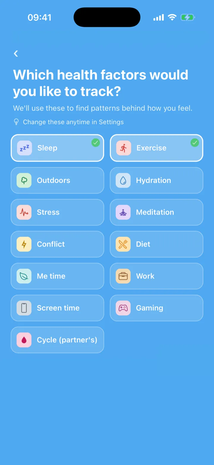 Composure onboarding screen choosing health factors to track, like sleep, exercise, stress and screen time
